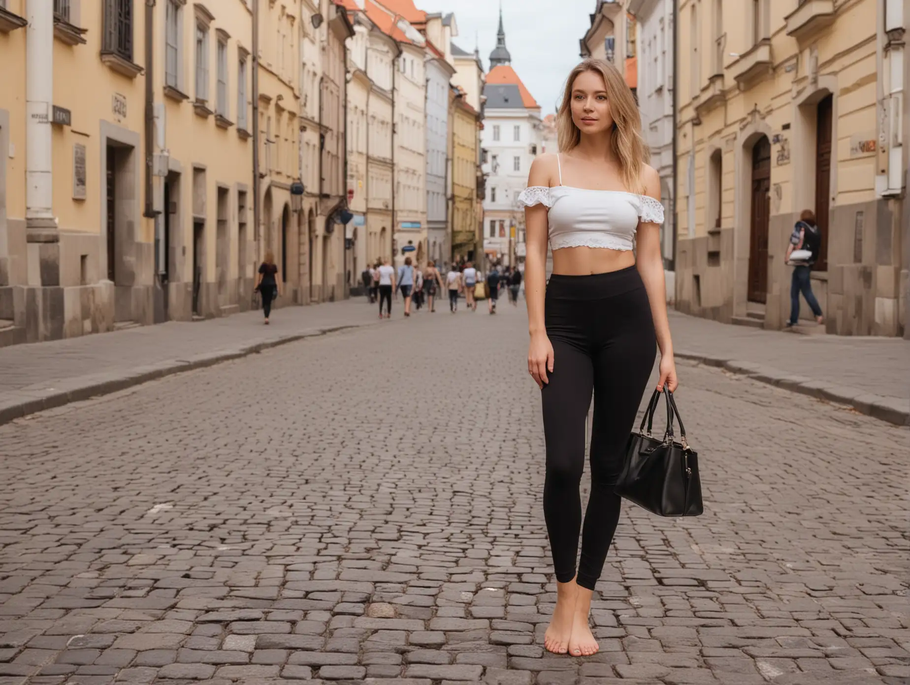 Young Blonde Woman Walking Barefoot in Prague Spring Evening