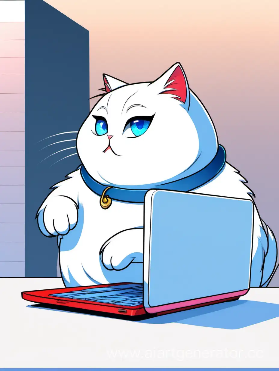 Белая кошка сидит за красным ноутбуком. виден большой экран ноутбука на переднем плане. глаза у кошки голубые. фон синий картинки. кошка добрая толстая пушистая. кот с веселой мордочкой