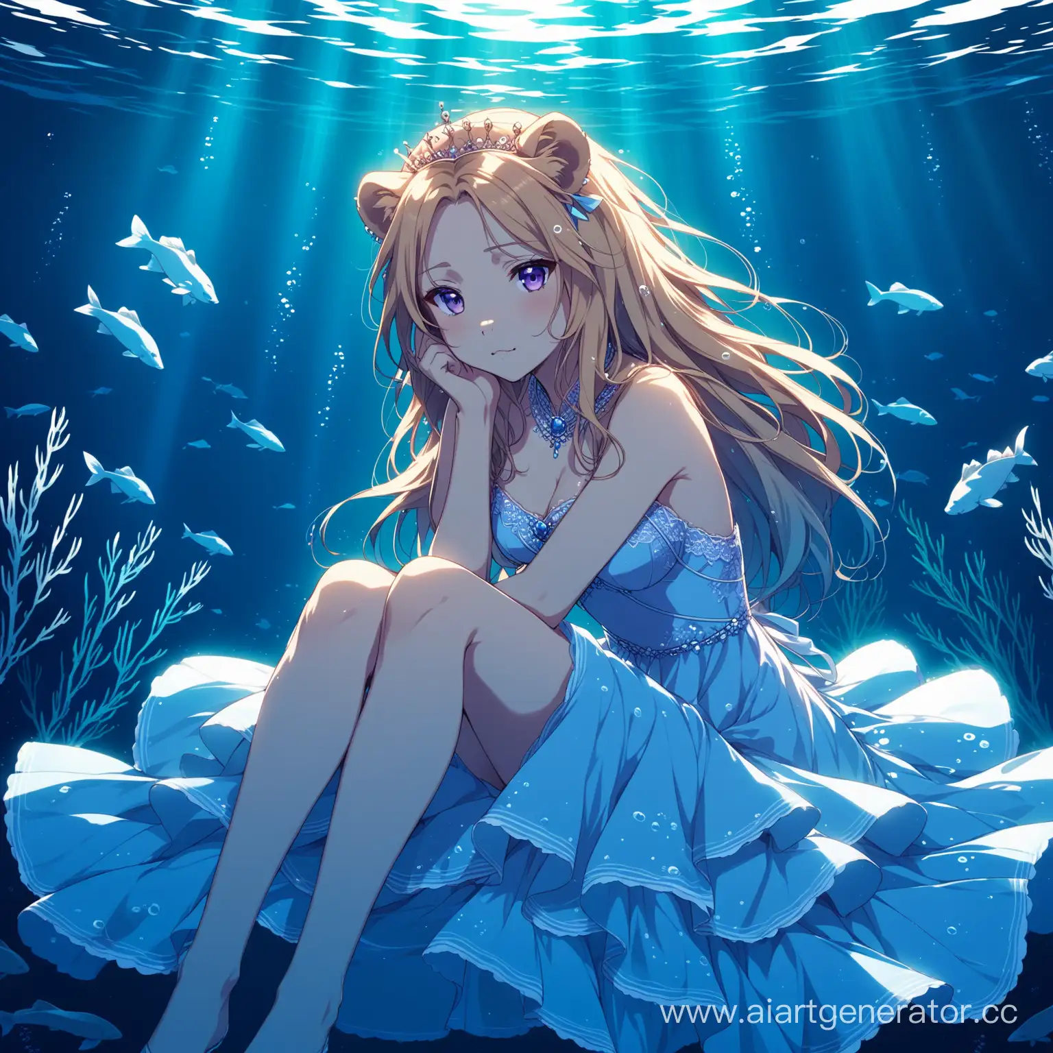 Elegant-Anime-Lioness-in-Dress-Sitting-Underwater-Amidst-Purple-and-Blue-Hues