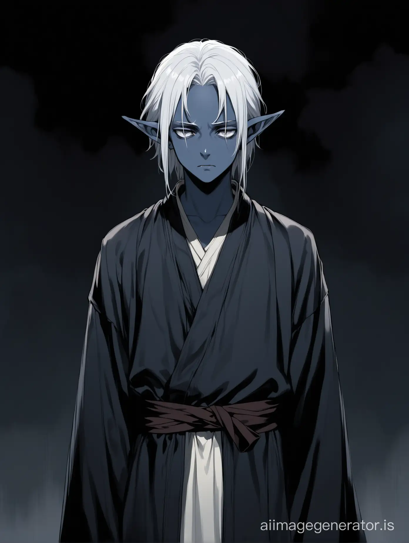 A 16-year-old boy, a dark elf with gray-blue skin, with white hair in a dark robe and a black shirt, stands in the dark with a sullen face
