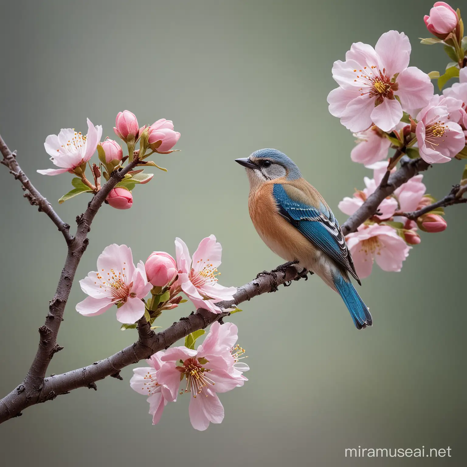 Bird Perched on Apple Blossom Branch with Stunning Contrast Background