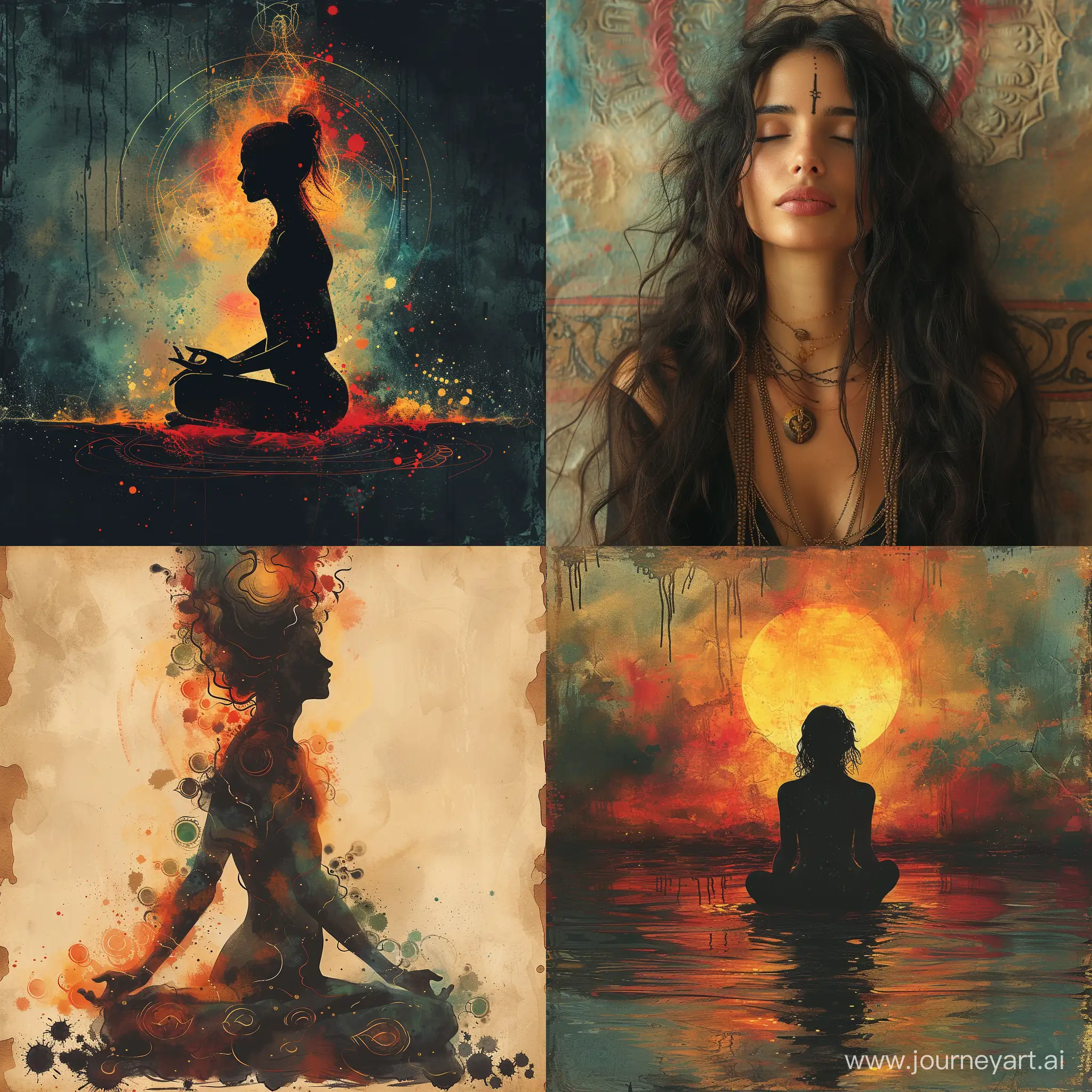 meditates, on background mystical art --s 450 --style raw