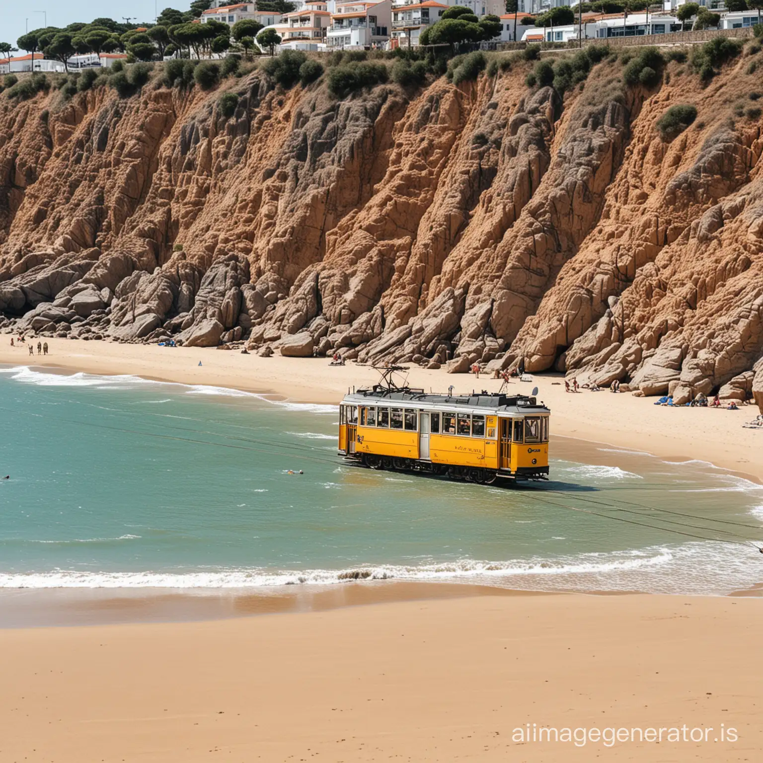 Portuguese-Tram-Gliding-Along-Sunny-Beachfront