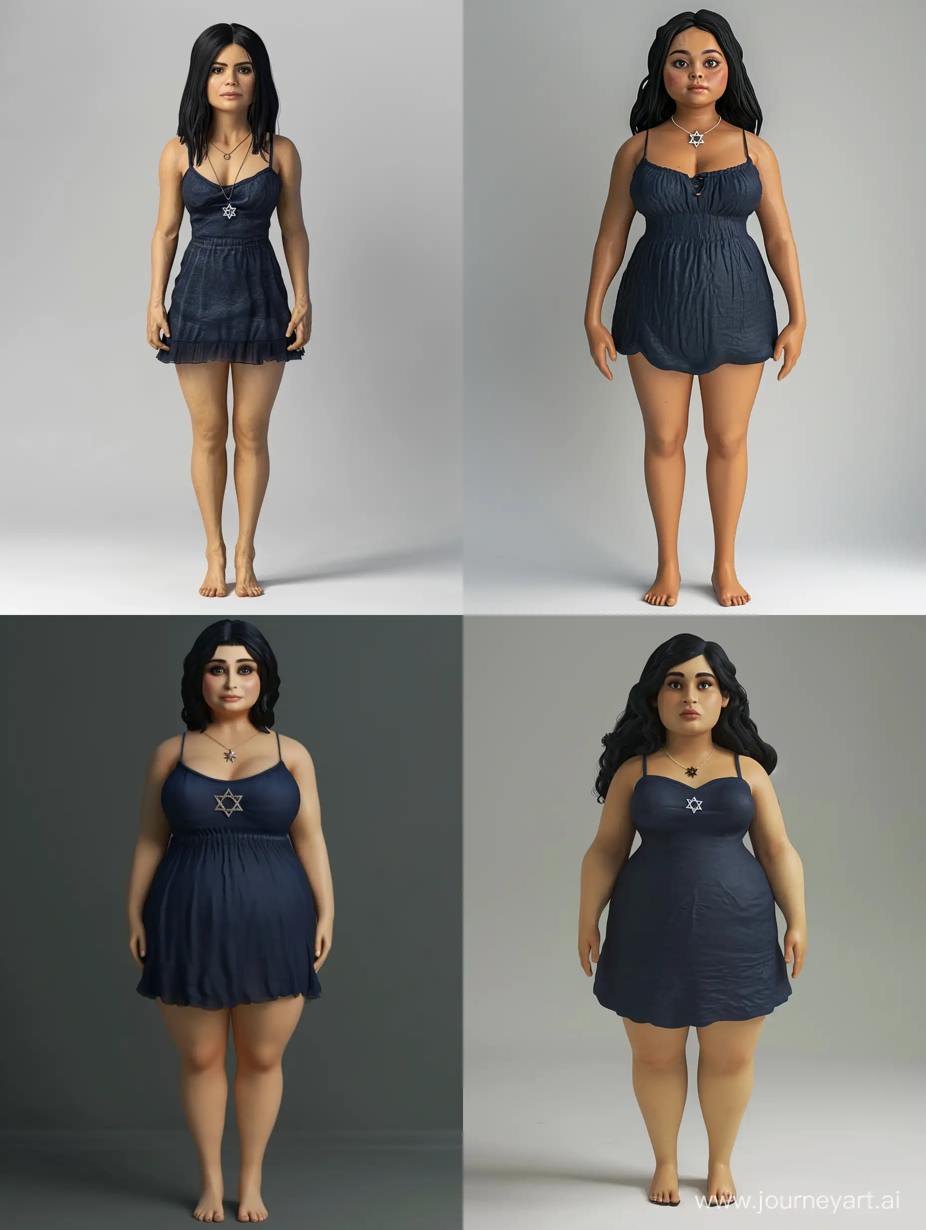 A realistic color photograph of a tall chubby version of Salma Hayek wearing a dark blue sundress. tall frame. olive skin. black hair. wearing a small Star of David necklace. long legs. square facial proportions. realistic. feet shown.