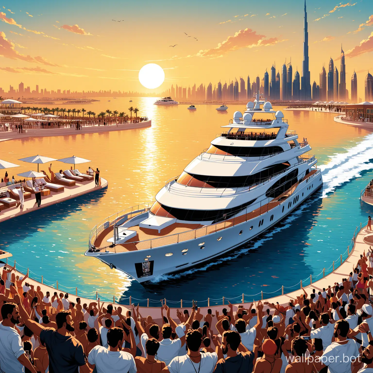 create a yacht party in dubai with house music - Illustration
