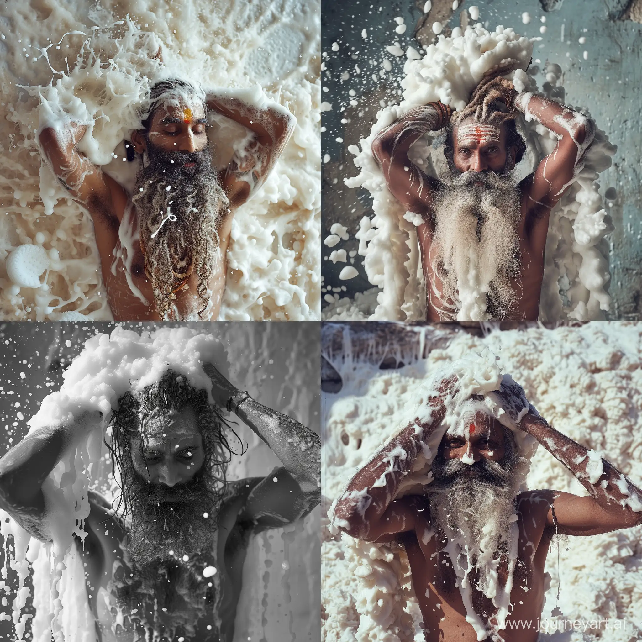  naga sadhu is whashing his hair with a lot of foam  low angle half body 35 mm fujixt4 foto realistisch