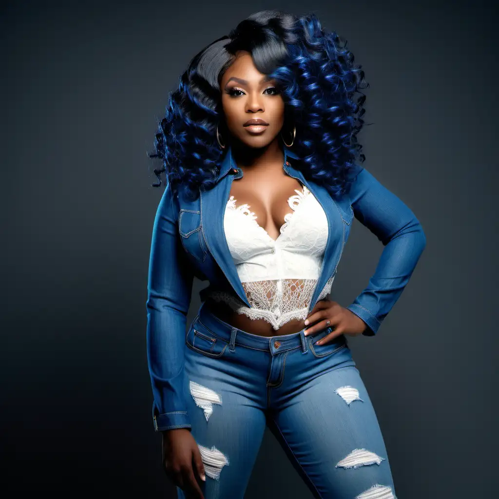 Stunning Black Woman Showcasing Blue Jean Fashion in Professional Photoshoot with Lace Wig and Glam Makeup