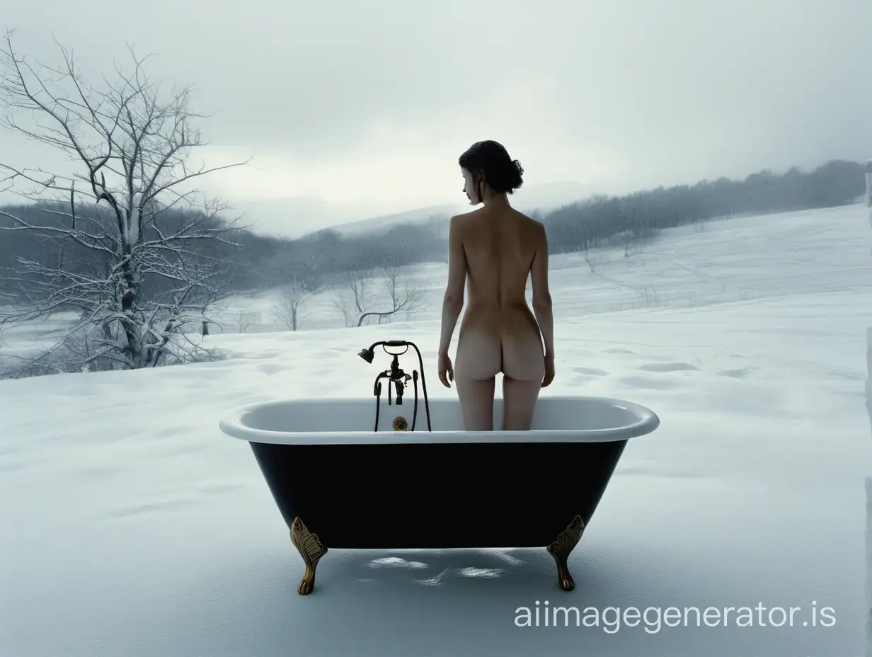 une femme , debout, prenant son bain dans une baignoire devant un paysage enneigé