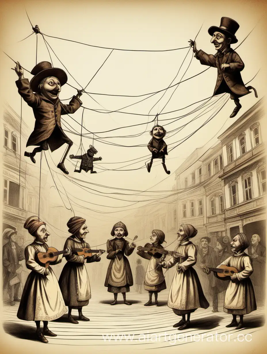 иллюстрация, которая полностью описывает сюжет пьесы "Сказки старого Арбата" где основная идея - передать суть через марионеток с ниточками