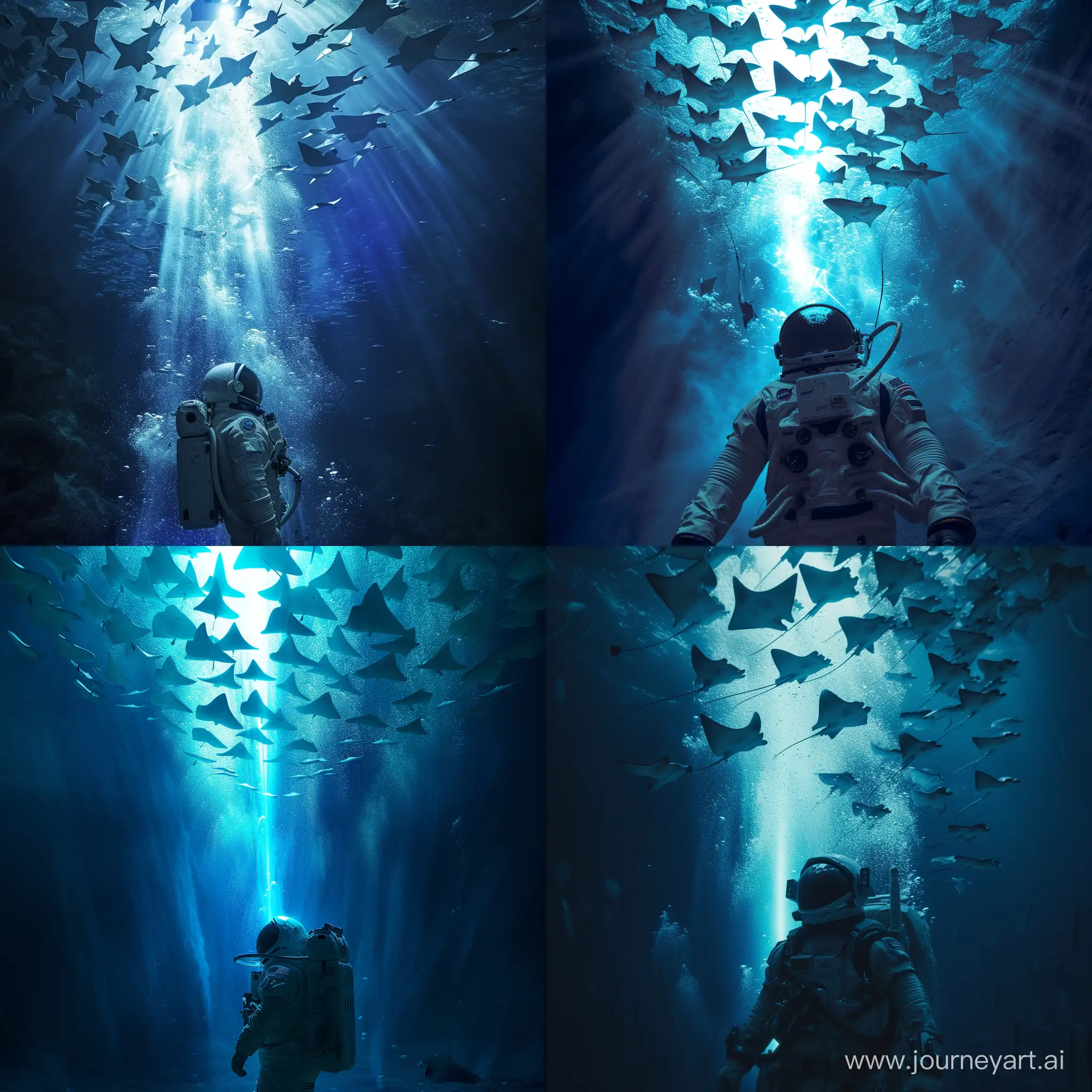 The astronaut is underwater. Bright blue-white light breaks through the surface of the water. Above the astronaut, a huge flock of stingrays floats in an unknown direction