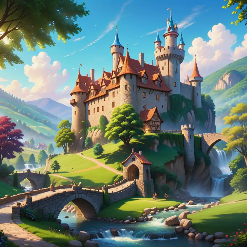 In the ancient town of Willowbrook, where history whispered through every stone. we see lush green rolling hills, quaint stone homes, and large stone castle. There is a might river that seperated the castle from the houses think disney pixar style



