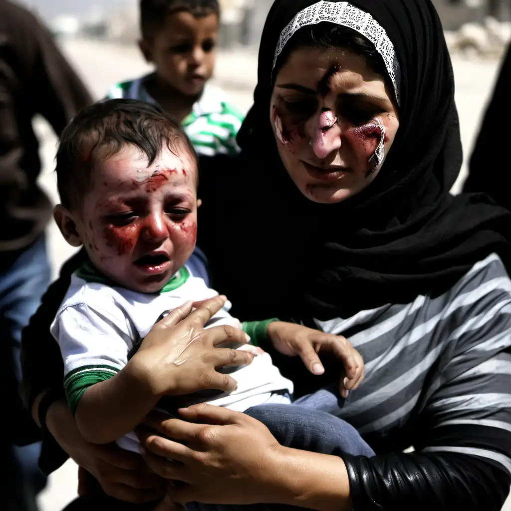 woman. Palestinian. She holds her son. The injured person. Of missiles.