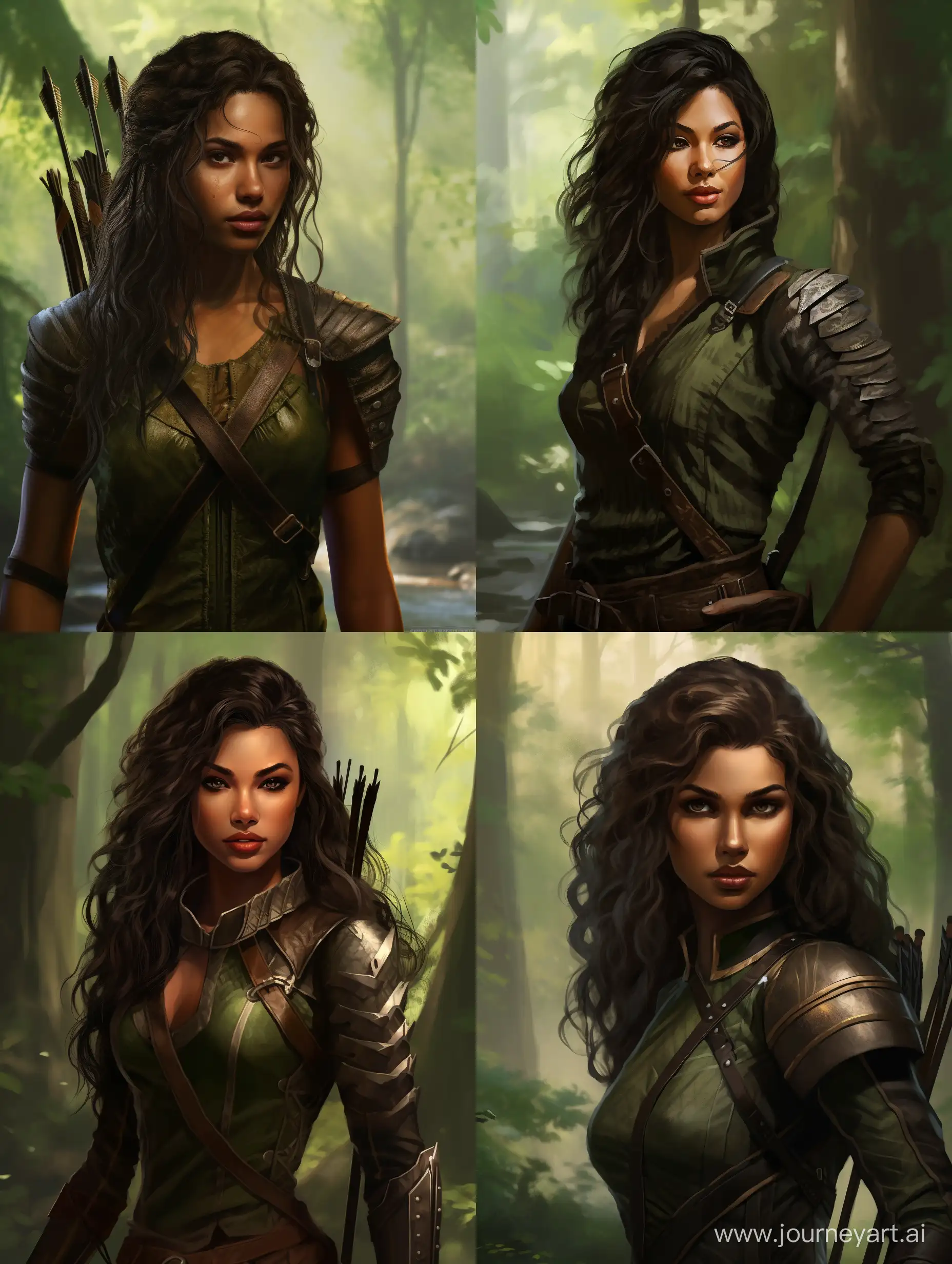 half-elf woman, olive skin, black hair, green and brown ranger fantasy clothing, holding a bow, forest background, portrait
