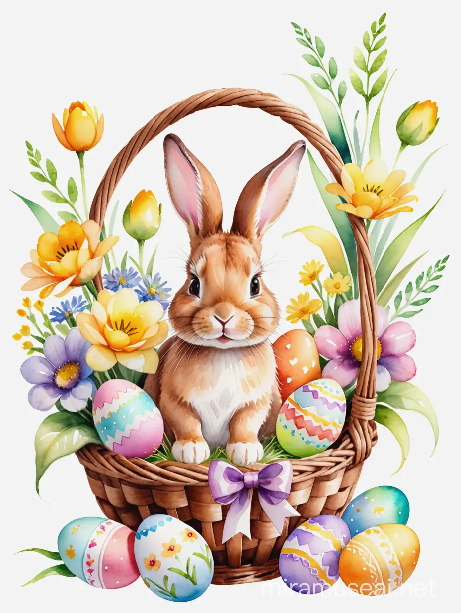 Easter Basket with Rabbit Eggs Chicks and Flowers on White Background