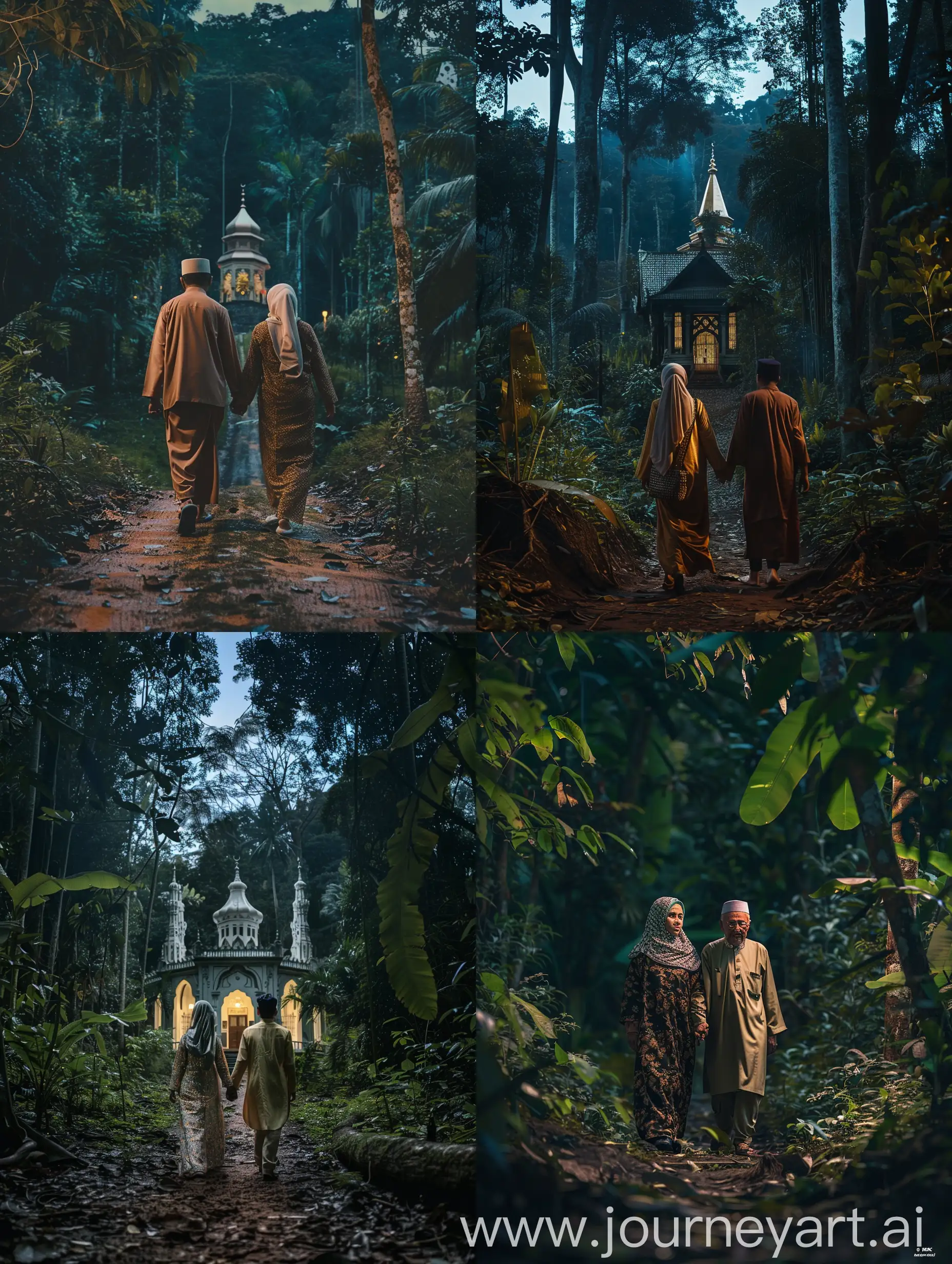 Indonesian couple dressed in Muslim clothes, walking hand in hand towards the mosque through dense forest at night, view from the front, looking at the camera, clear 8k results like real