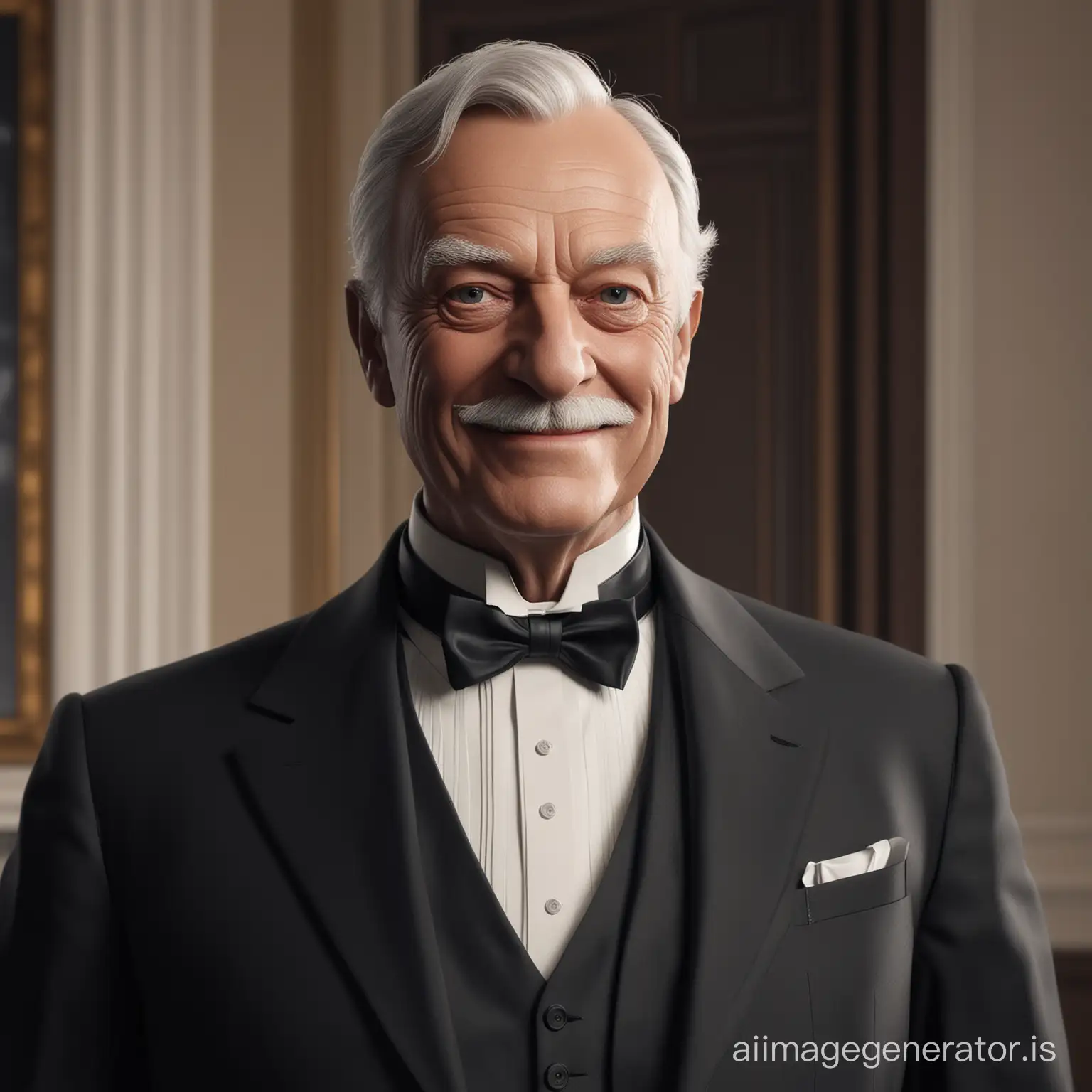 Craft a depiction of Alfred, the iconic butler of Batman, reimagined as a friendly and reassuring AI assistant for a home automation project. This Alfred AI embodies warmth and reliability, serving as the user's guide within a sophisticated solar panel system. The image should capture Alfred's signature smile, symbolizing the AI's approachable and helpful nature. The background subtly hints at solar technology and home automation elements, blending Alfred's classic butler appearance with futuristic digital motifs. This representation is not intended for creation with DALL-E, but as a conceptual visualization for the project.