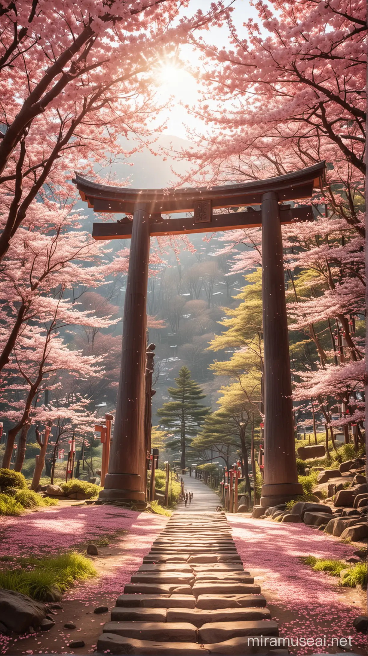 A breathtakingly beautiful real-life photograph of Nara Torii lined with bloomed cherry blossom trees, the plenty of cherry blossom petals, sunlight filtering through the petals creating a serene and magical atmosphere, masterpiece,best quality, highres, 8K photograph, Nikon