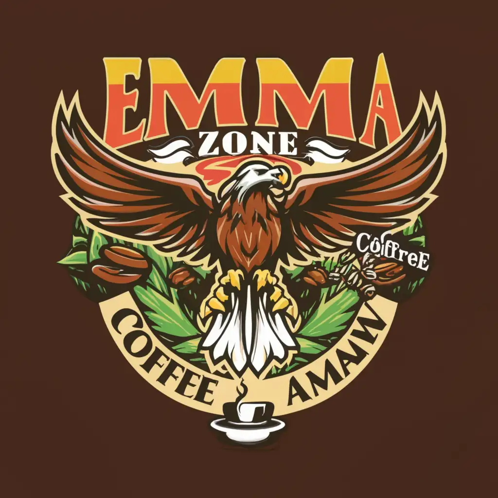 a logo design,with the text "Emma Zone", main symbol:Eagle Warrior Coffee Nature Amazon,complex,clear background
