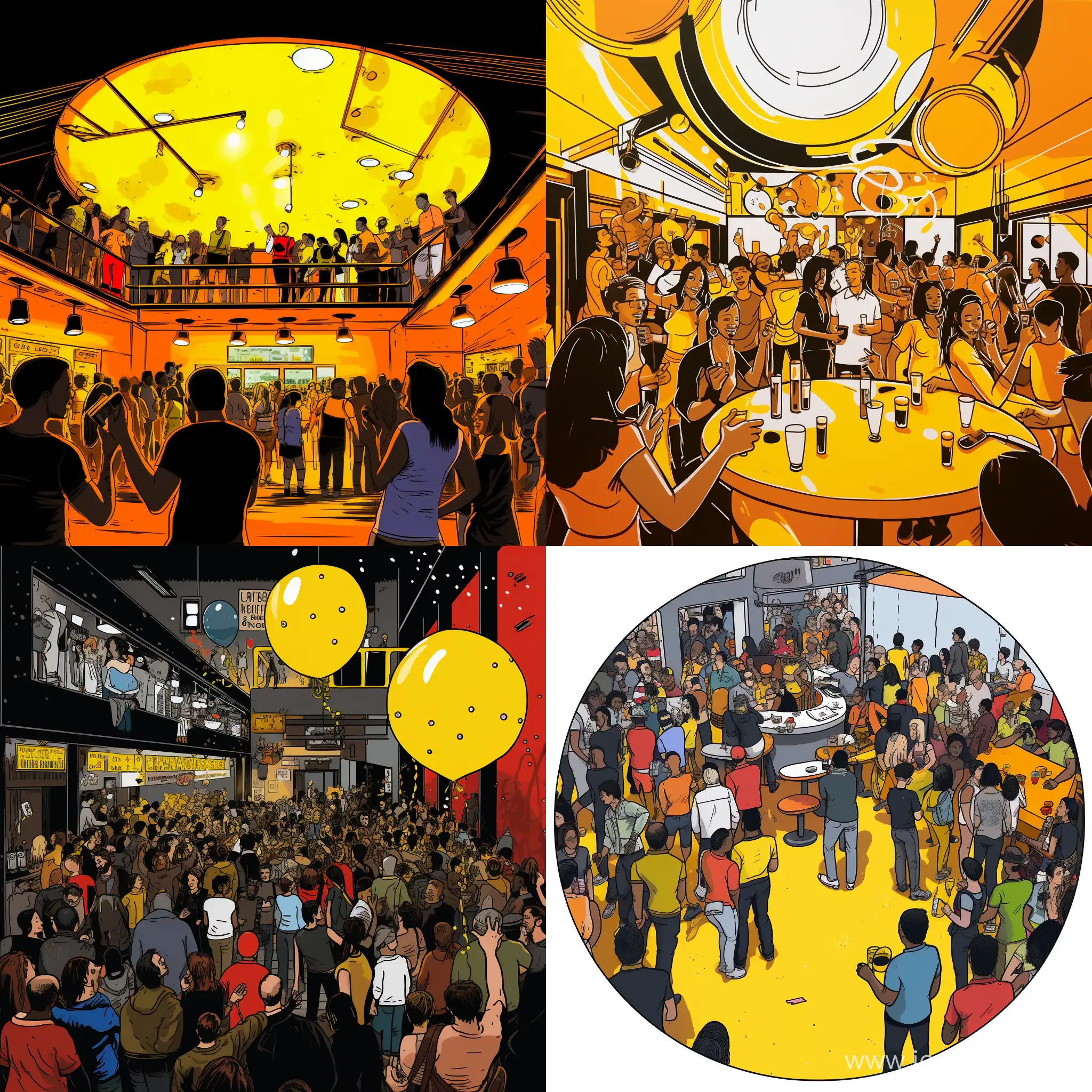 A drawing in comic style. A lot of people are having a party in a bar.  They are drinking beer and rinks and they are having a really good time. The bar disc is made of plastic and metal on the top. The walls are made of concrete and the are yellow.