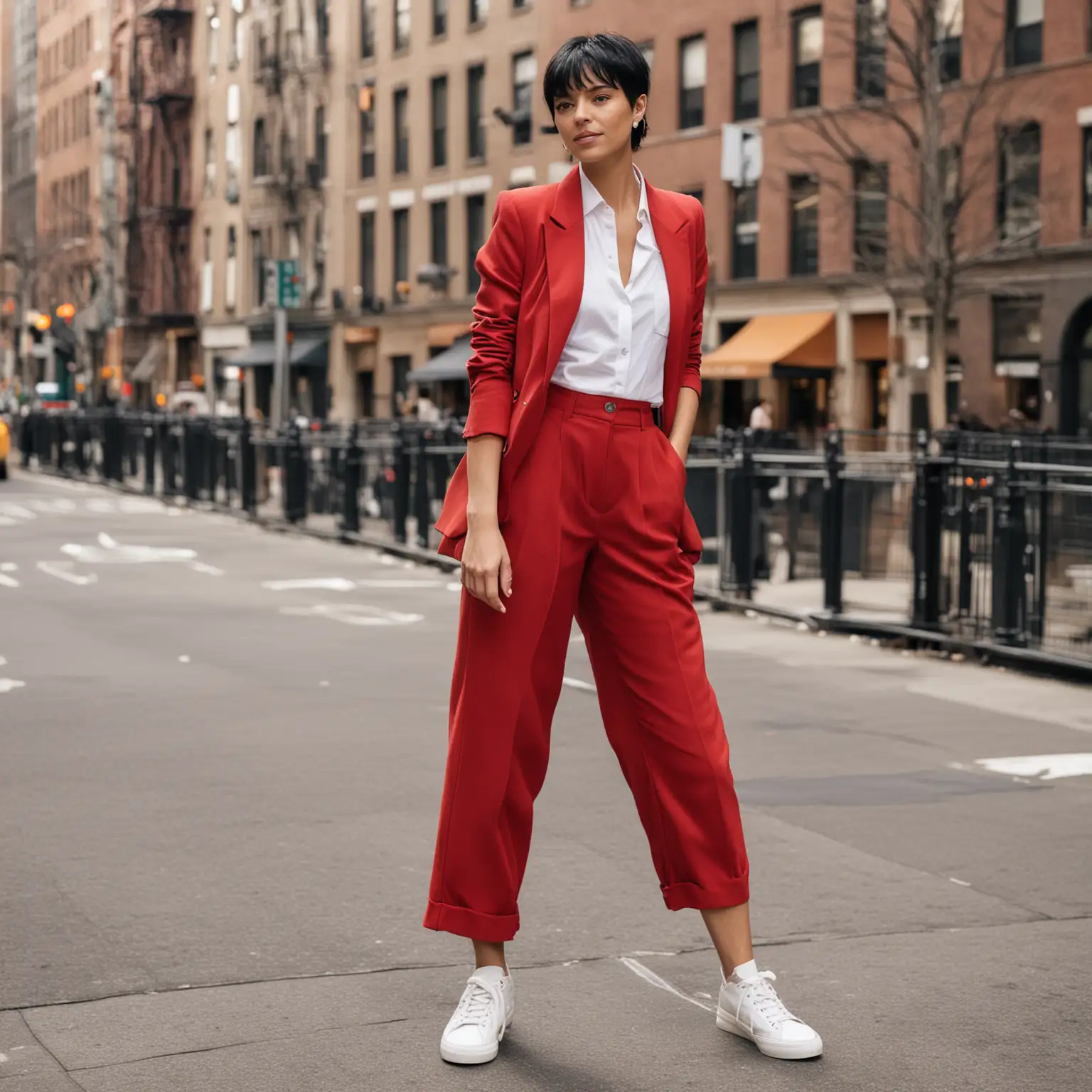 Stylish Woman in Red Blazer Walking the Streets of New York