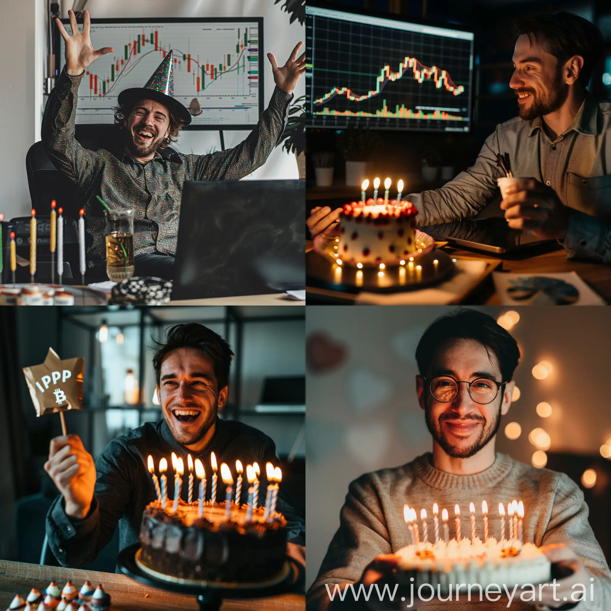 Happy birthday for crypto trader with graphs and positive income