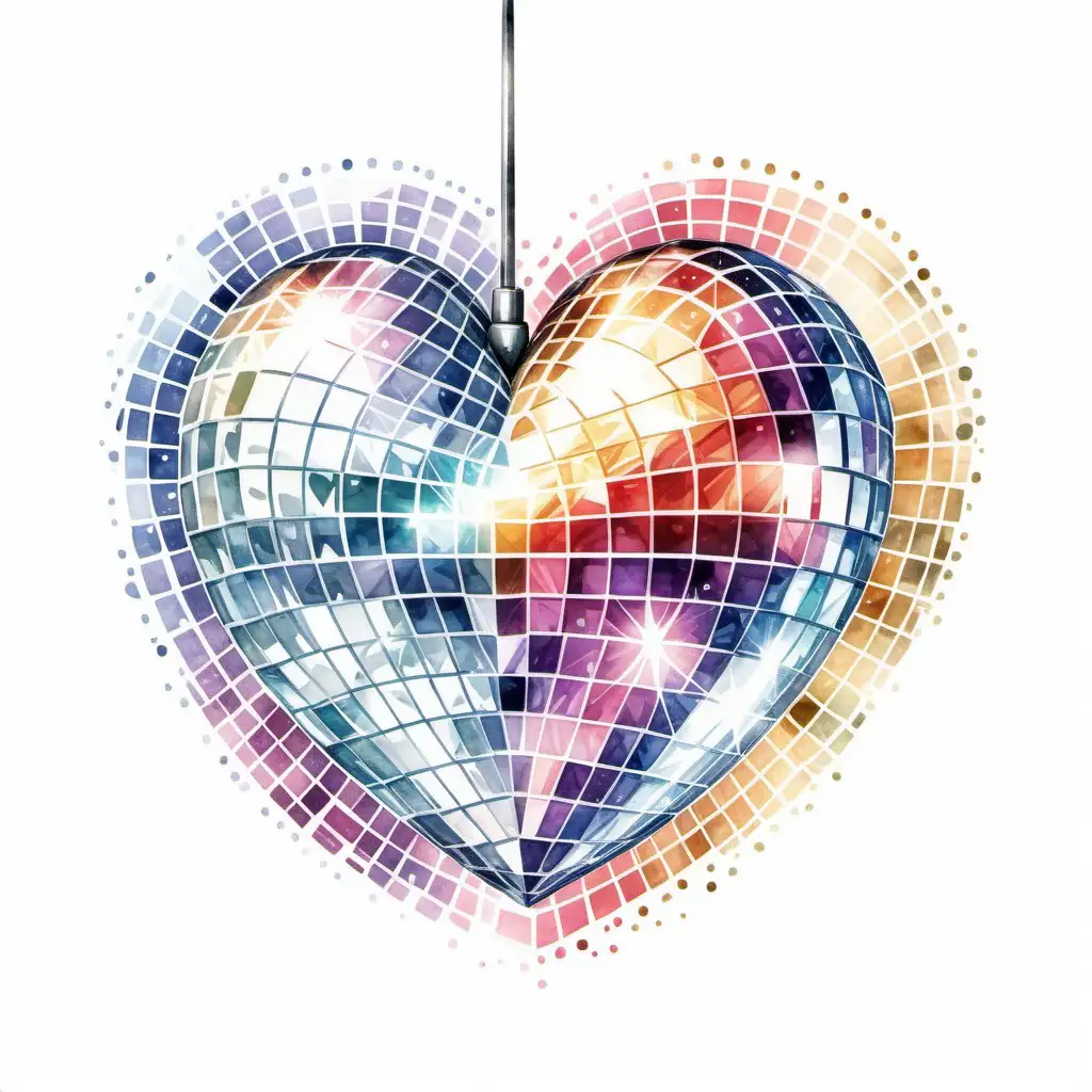 watercolor ILLUstration of a mirrored HEART SHAPED DISCO BALL, white background