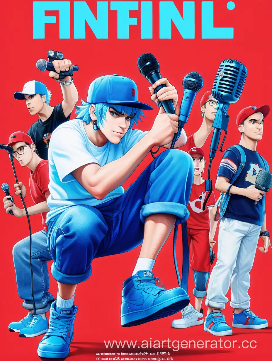 a movie poster with the title: FNF. a man with bright blue hair, a red cap, a white t-shirt, blue trousers, red shoes and a microphone.