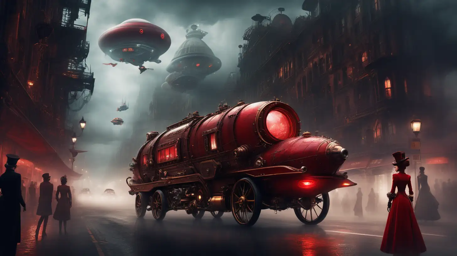 cars, steampunk, beauty women in red, side, fog, darkness, city, large street, traffic, people, space ships flying 