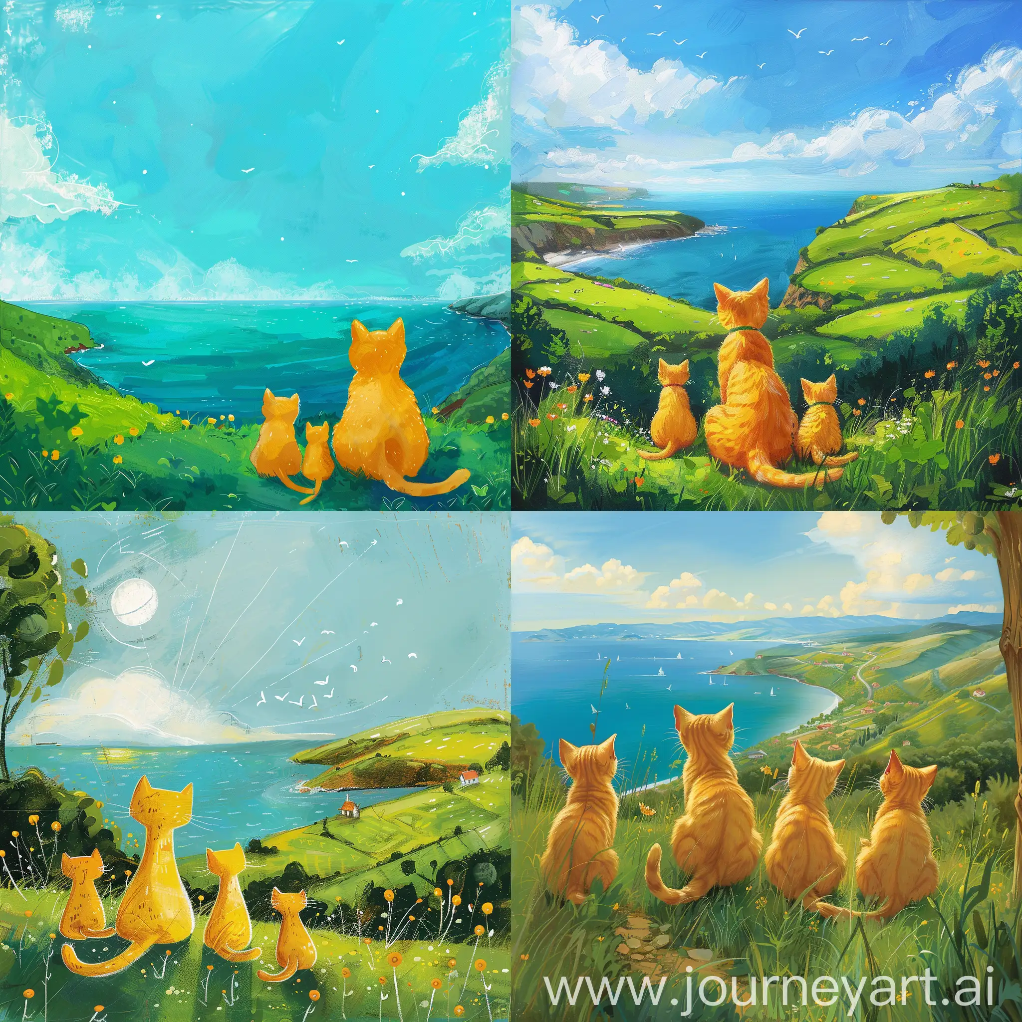A real picture. A yellow cat with her sisters. In a green land. Looking at the sea.