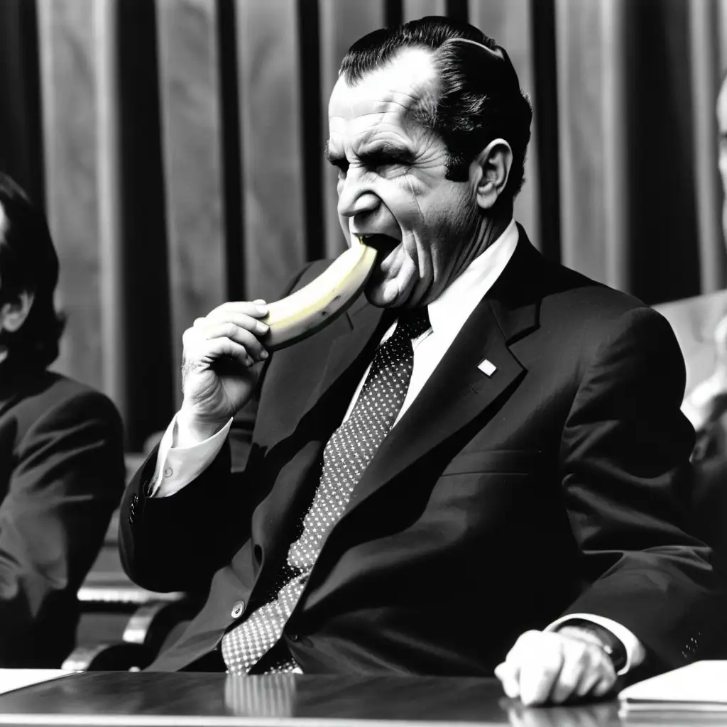 Richard Nixon riding a banana in a court room
