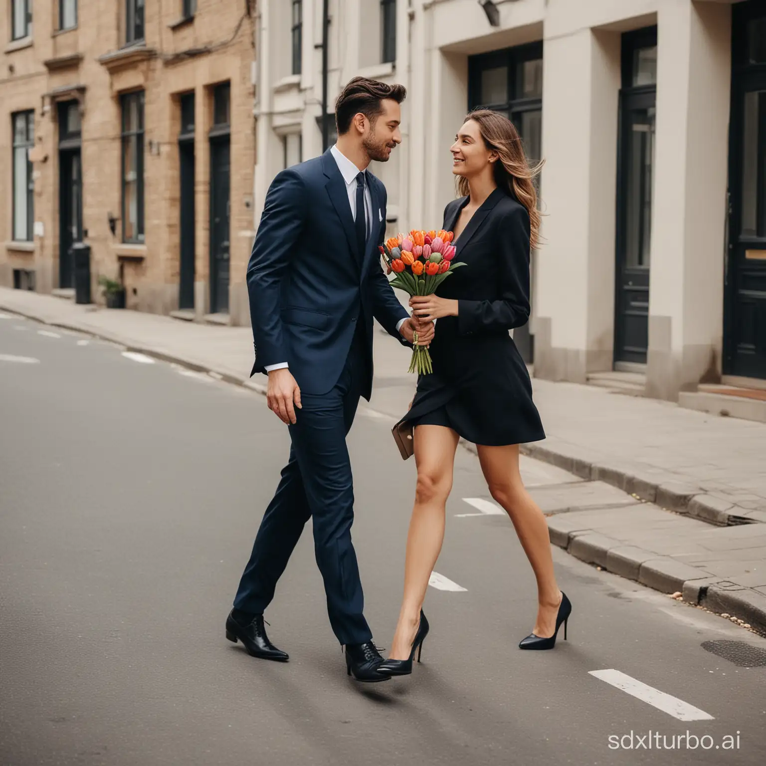 a couple walking on the street, the man holding a tulip bouquet and wearing navy suits with black shoes, the woman wears a black dress with high heels, romantic ambiant