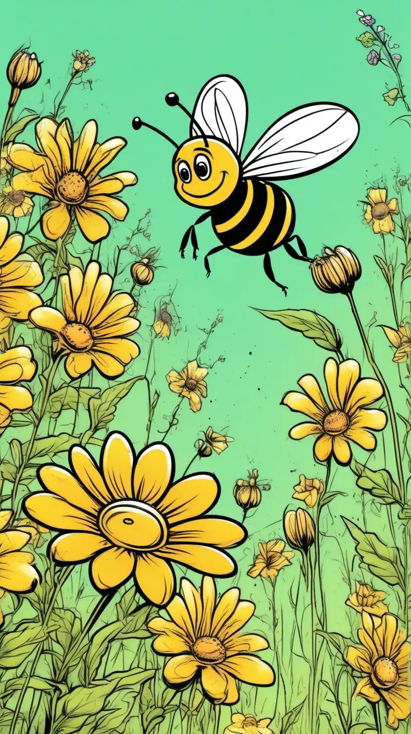 Cartoony Color:  A bee buzzes around prety wild flowers