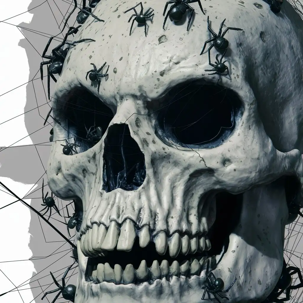 Eerie White Skull with Crawling Spiders on Plain Background