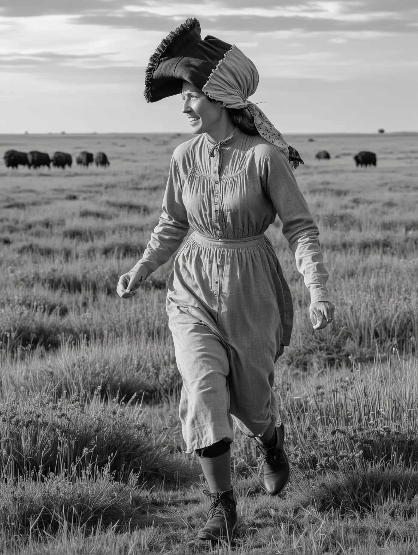 A woman runs through the prairie. She is a pioneer and wears a bonnet. There are buffalo in the background. she is seen from the side. In black and white. 