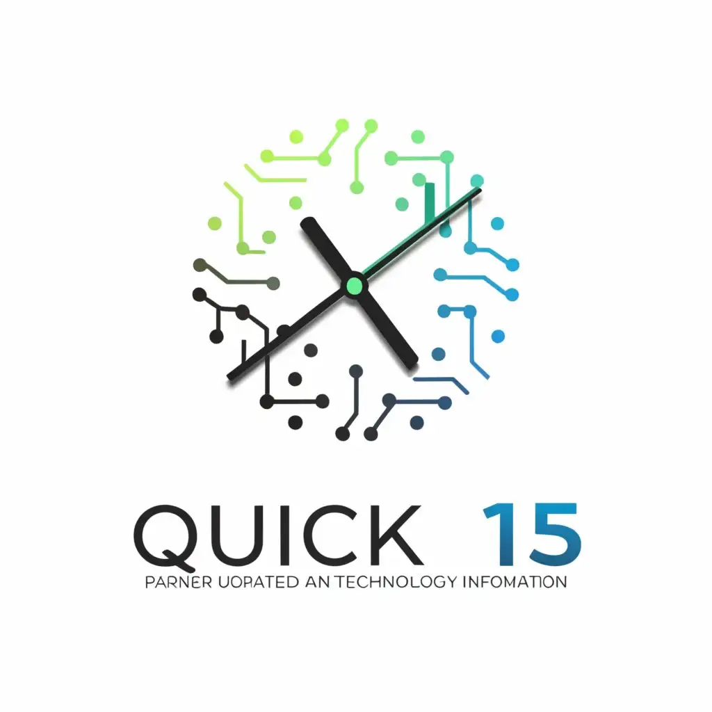a logo design,with the text "Quick 15
A program to bring all partners up to speed on the latest technology info", main symbol:Odometer stop watch,complex,be used in Technology industry,clear background