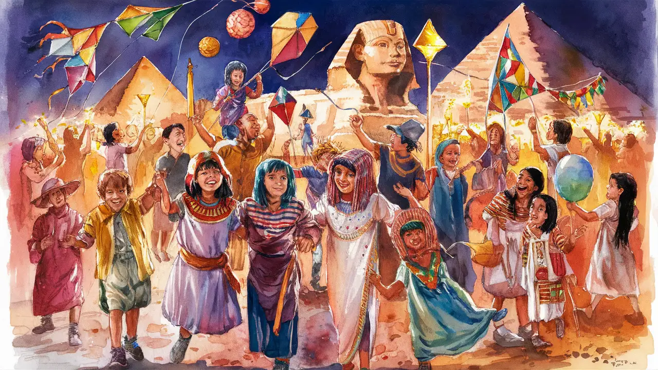Children's joy at Spring Festival in Egypt, in watercolor, is a symbolic painting