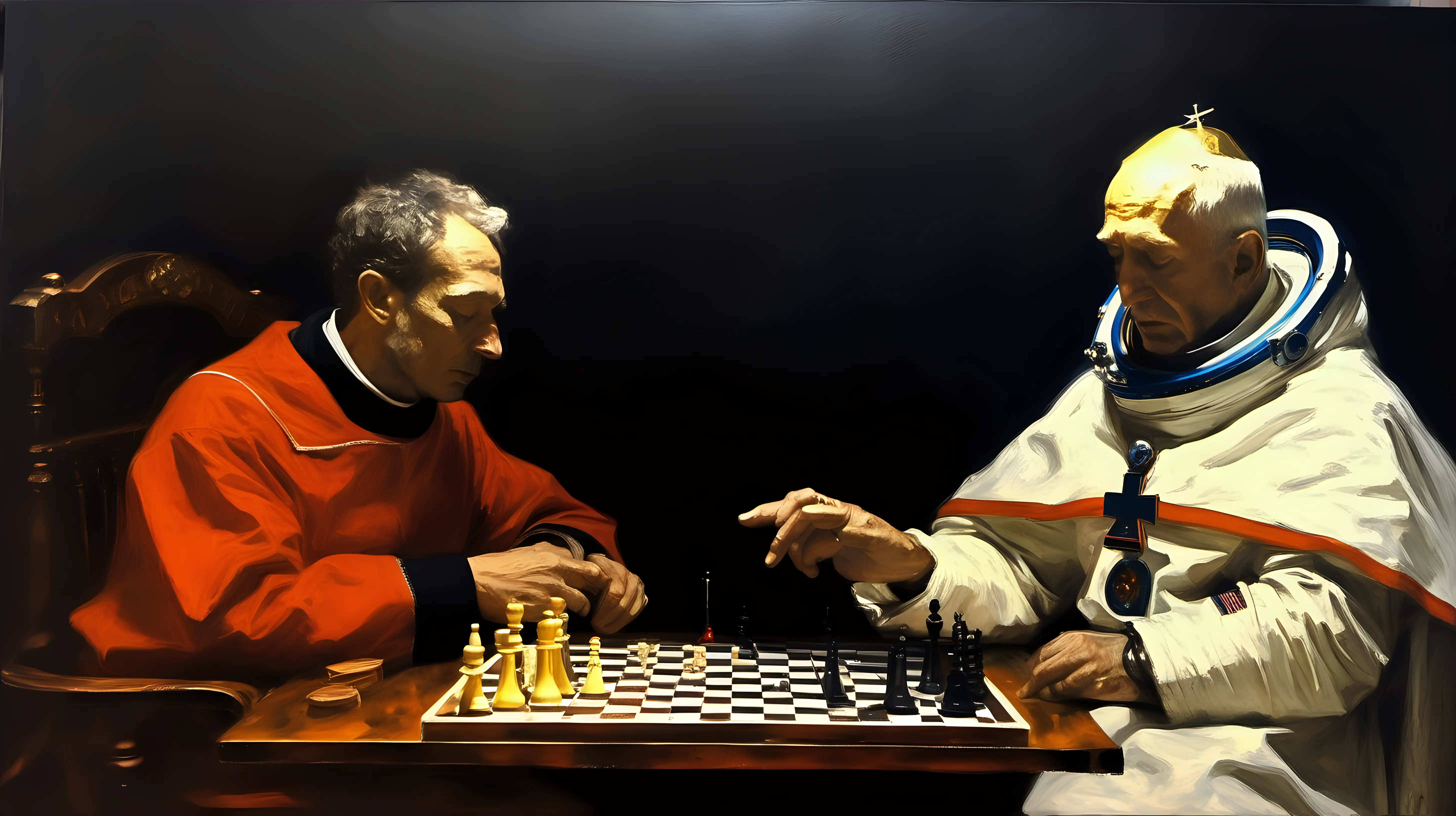 Astronaut and Priest Chess Match in Ilya Repin Style