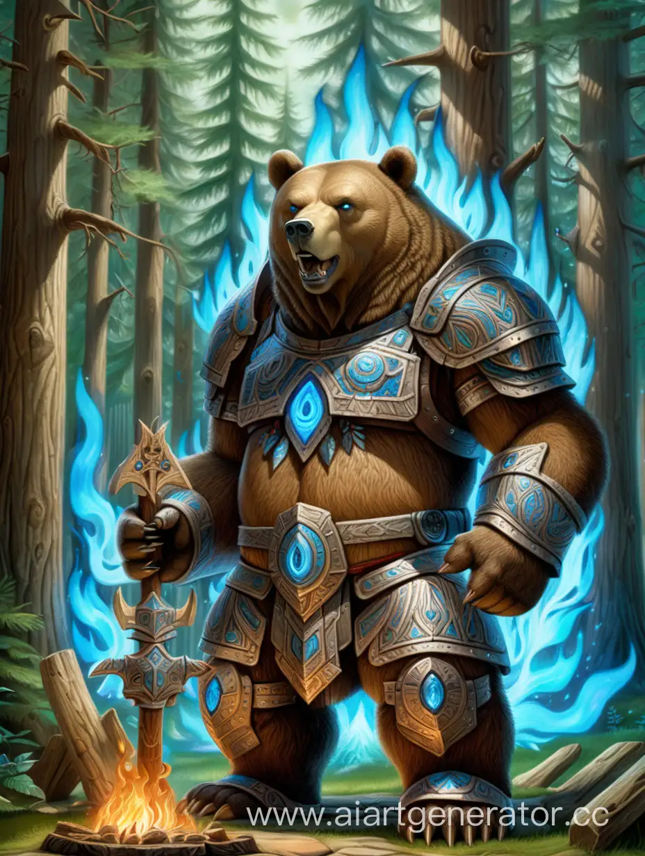 огромный медведь, в тяжелой броне из древесины в узорах, в глазах яркое синее пламя, рядом алтарь друидов с духами животных, густой магический лес на фоне
