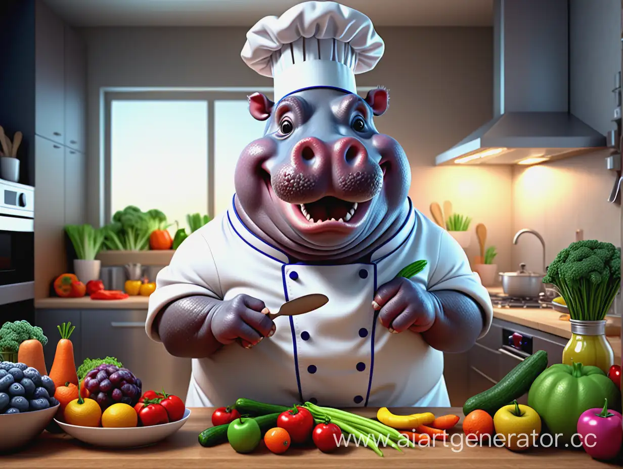 Cartoon Cheerful Creative and Fashionable Hippopotamus Chef in Chef Costume Prepares Delicious and Healthy Food from Fruits and Vegetables in Ultra Modern Kitchen, Maximum Realistic Hippopotamus in 3D Style 4K 8K Octane Render Photorealistic HDR Photography High Power Volumetric Lighting Dusty Haze Photography Octane Render 24mm 4K 24mm DSLR High quality, ultra realistic