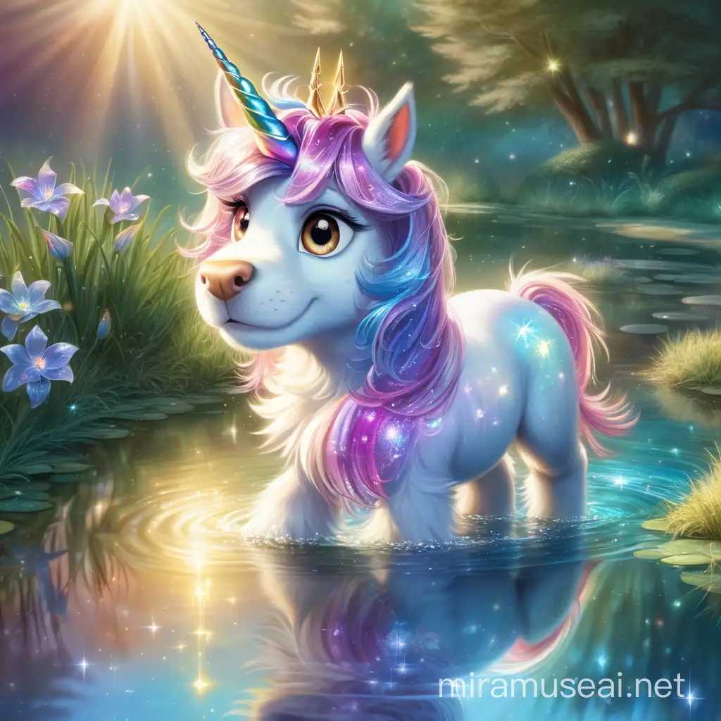 can you create sparkle? sparkle is: As Sparkle dipped his paw into the pond, a burst of iridescent light engulfed him, and he felt a strange tingling sensation coursing through his body. To his astonishment, when the light faded, Sparkle found himself transformed—half dog, half unicorn