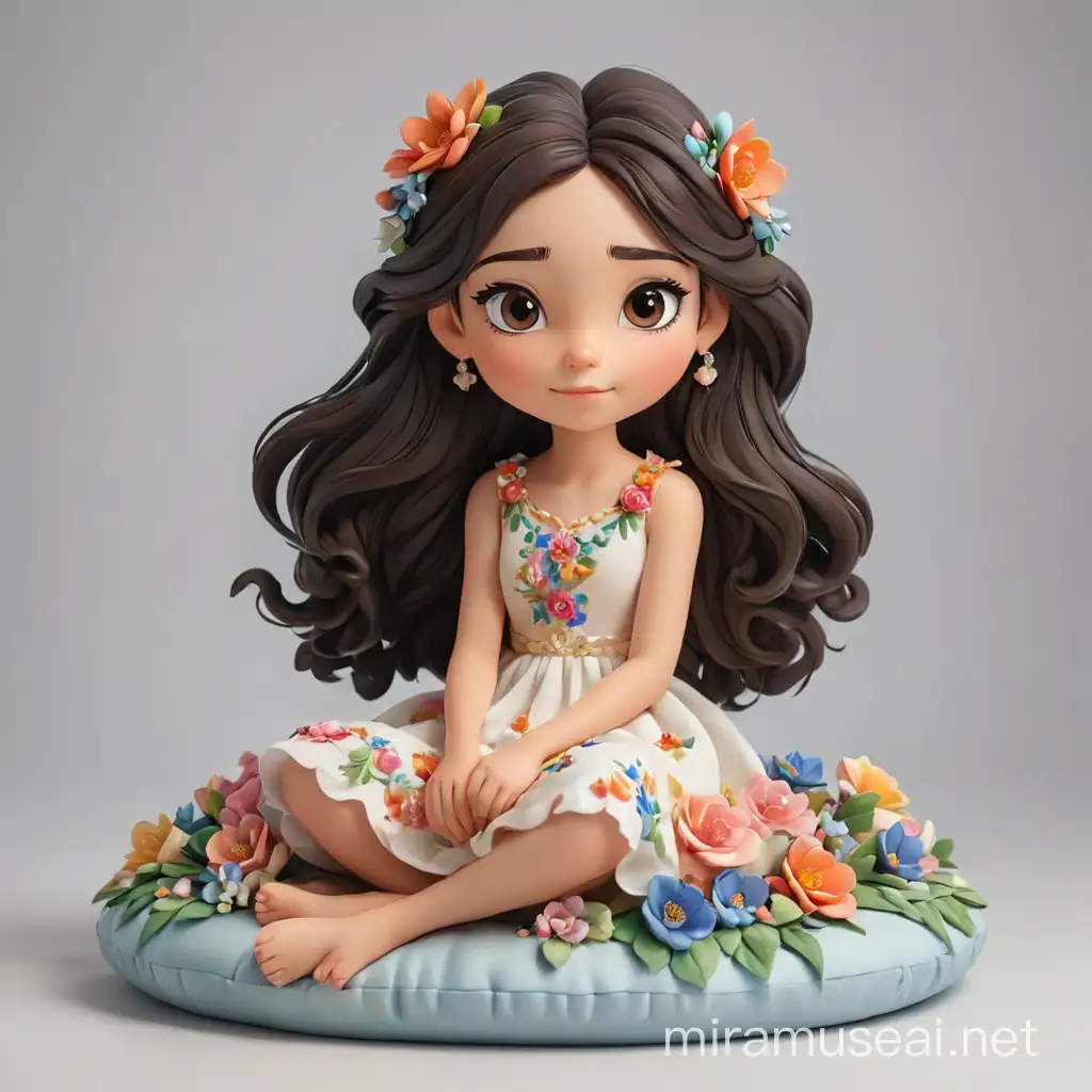  девочка сидит на подушке , из полимерной глины, цветы, шелковое платье, темные волосы, белый фон, акварель