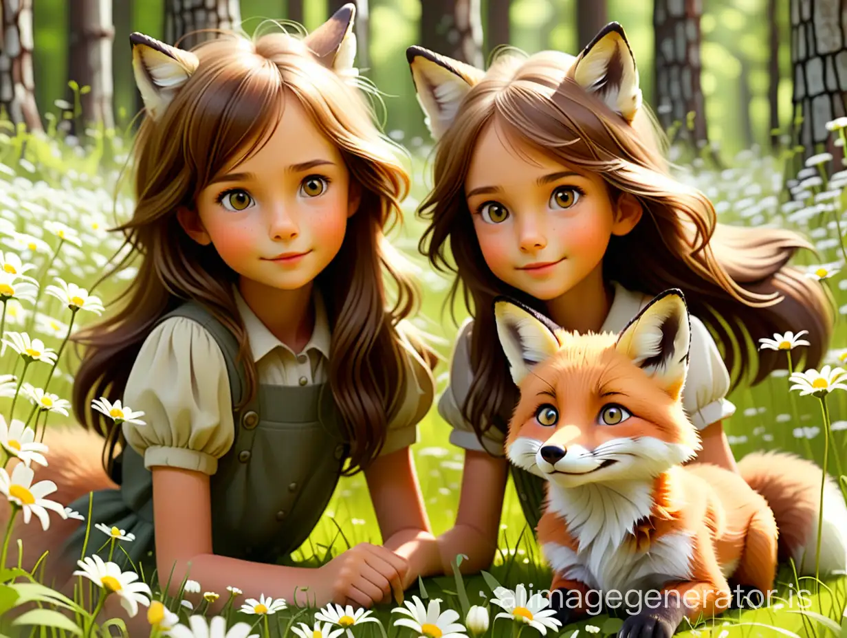 a charming fox cub and a beautiful 10-year-old girl with loose brown hair in a clearing of daisies, an old forest in the background