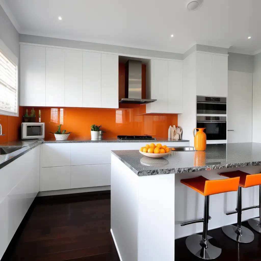 kitchen with white shaker style cabinets and grey granite benchtops, orange
 splashback and dark wooden floor