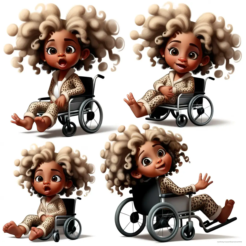 African American girl  toddler named Stori Nova in a wheelchair
 wearing leopard print pajamas hair styled curly
 detailed character sheet, multiple poses, and expressions isolated white background hyper-detailed fine details