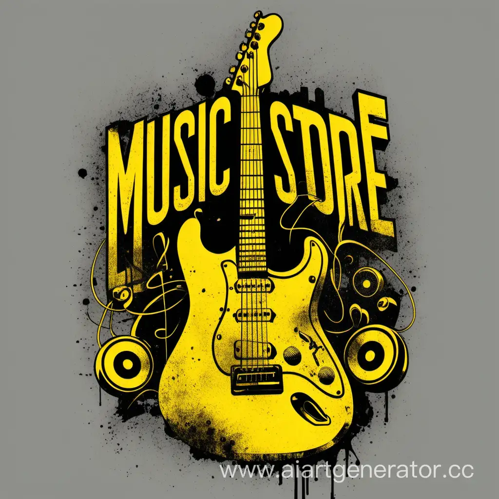 music store
t-shirt graphic
guitar one color
gritty
yellow and black


