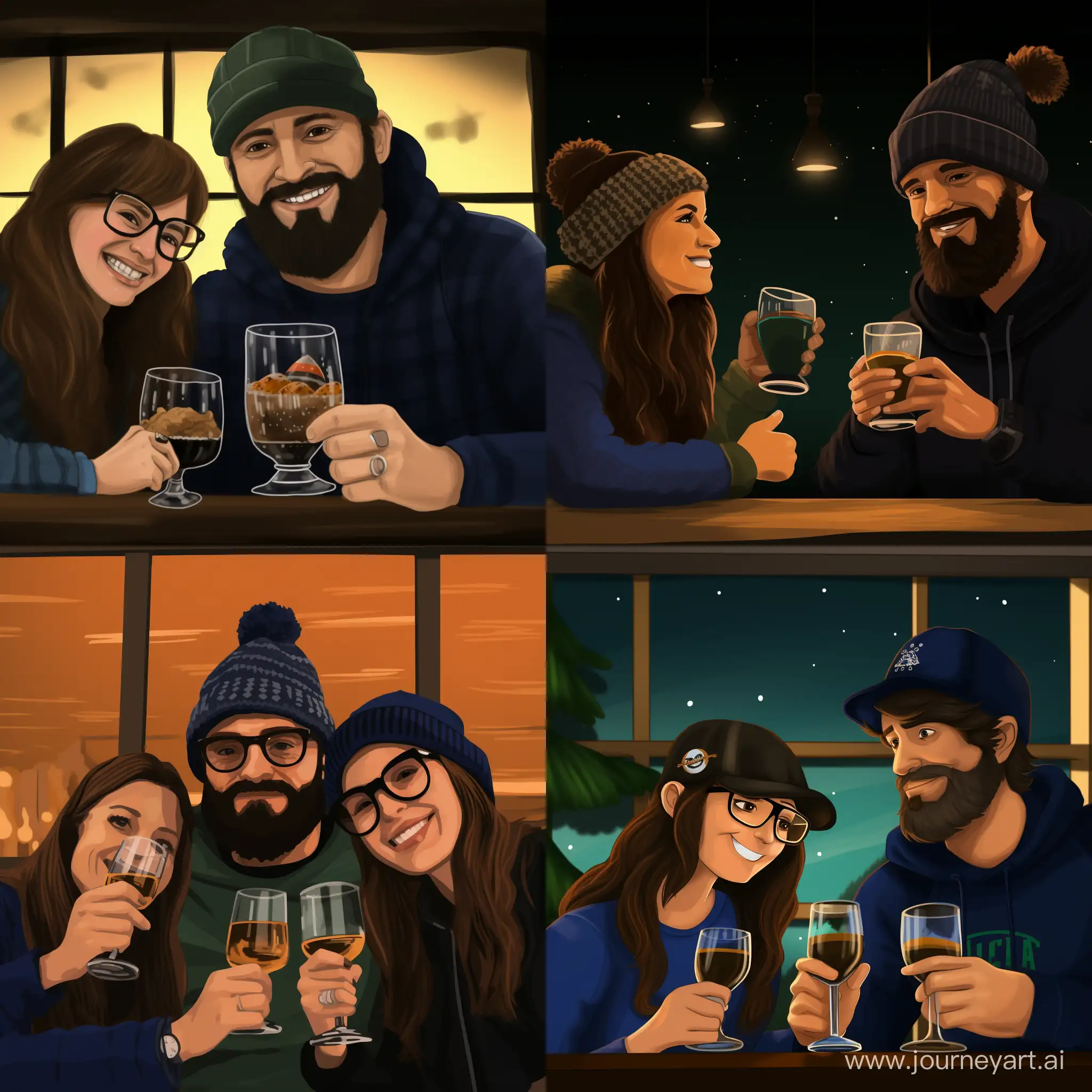 Make an image of a family of 3 people toasting to the new year 2024. The first person is a 33 year old women with long brown hair, blue eyes and large golden glasses. The second person is a 21 year old man with a dark beard, blue and green eyes wearing a dark blue fisherman hat. The third person is their 2,5 year old boy with blue eyes, dark blond hair and holding a fire truck toy.