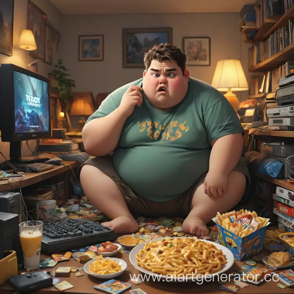 Изобрази человека, который зависим от компьютерных игр. Сделай его нездоровым и толстым. У него в комнате должен быть беспорядок и много вредной еды рядом с компьютером