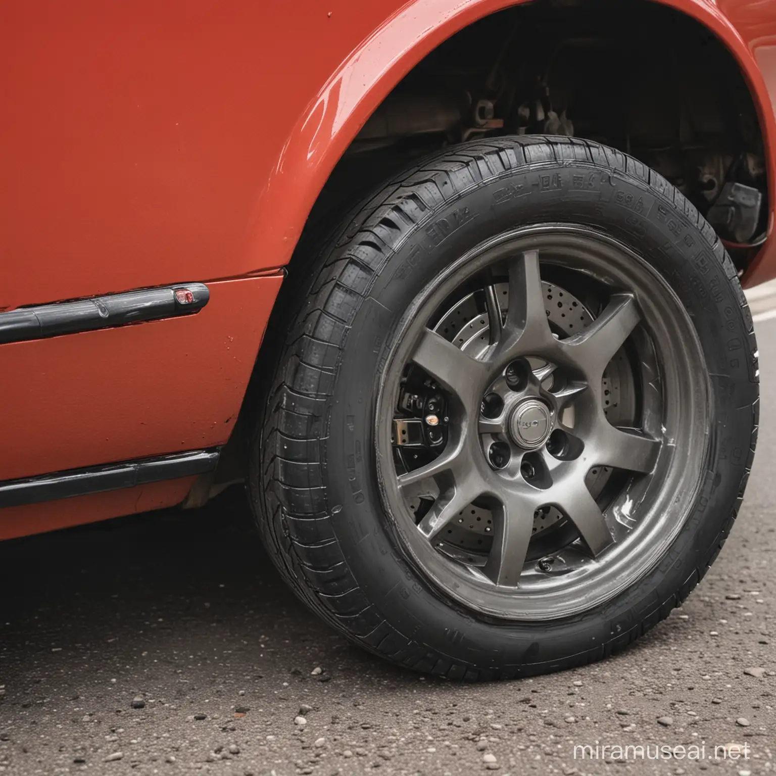CloseUp of Red Car Front Tire