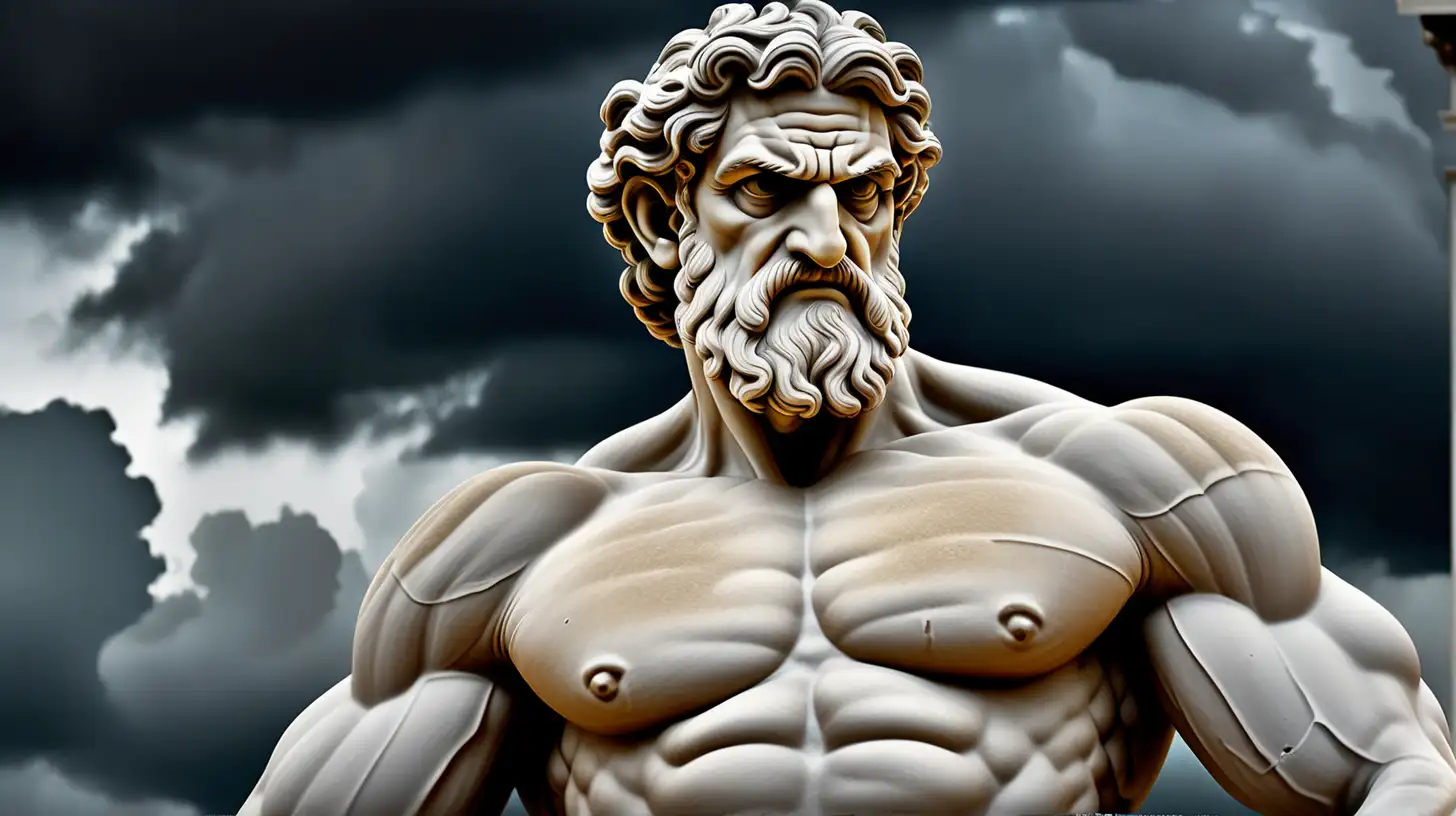 "Create a powerful image reflecting Greek culture by showcasing a weathered statue of an aged, muscular Greek man. Against a backdrop of moody, black, cloudy skies, evoke the rich history and strength inherent in Greek heritage. Capture the essence of classical art and the enduring spirit of Greek civilization in this visually compelling representation. A big blury palace in backgrond"
