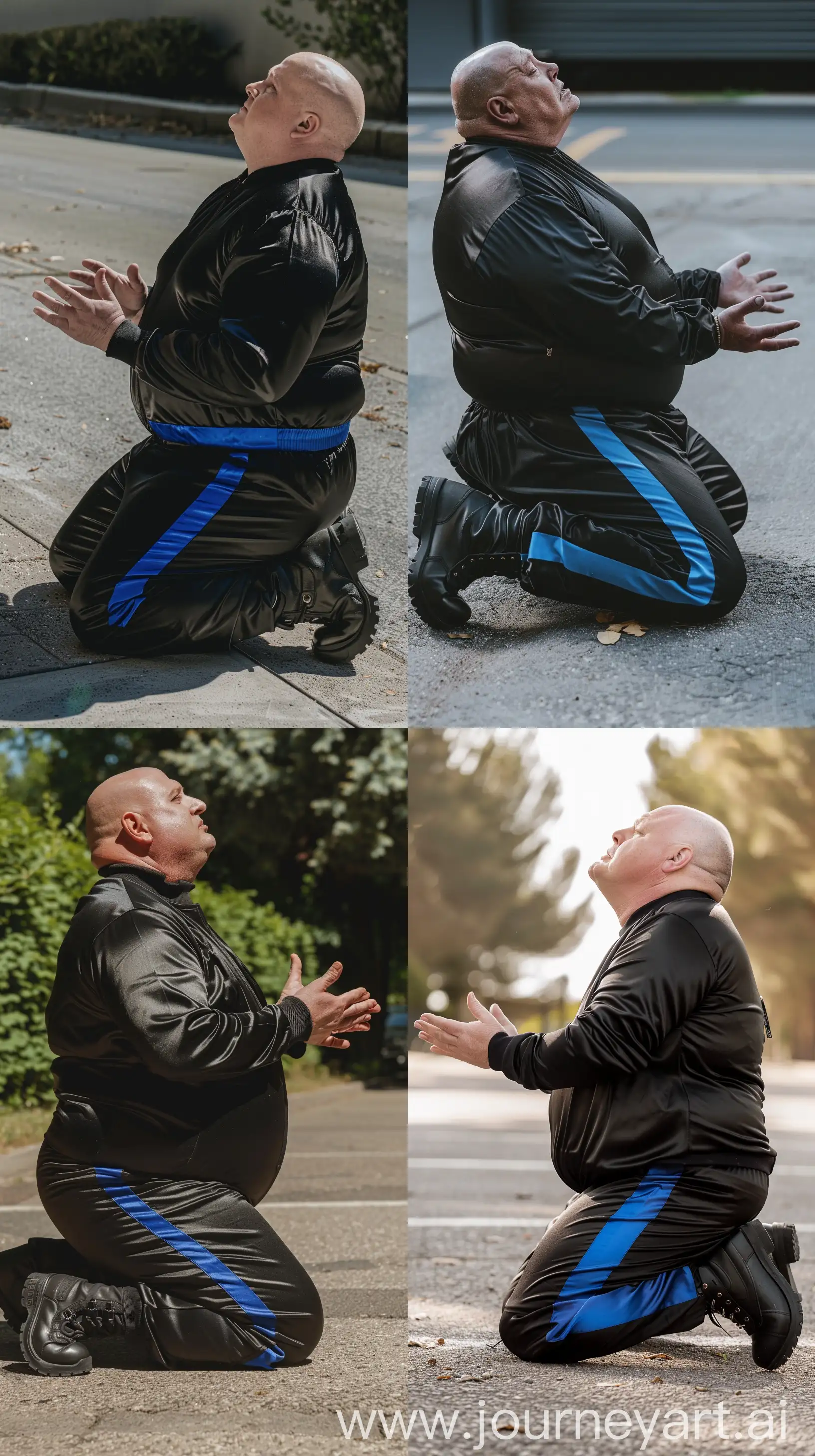 Close-up side view photo of a serious very fat man aged 60 wearing a silk black tracksuit with a royal blue stripe on the legs tucked in black tactical boots. On his knees on the ground looking up at the sky, hands opened. Outside. Bald. Clean Shaven. Natural light. --style raw --ar 9:16